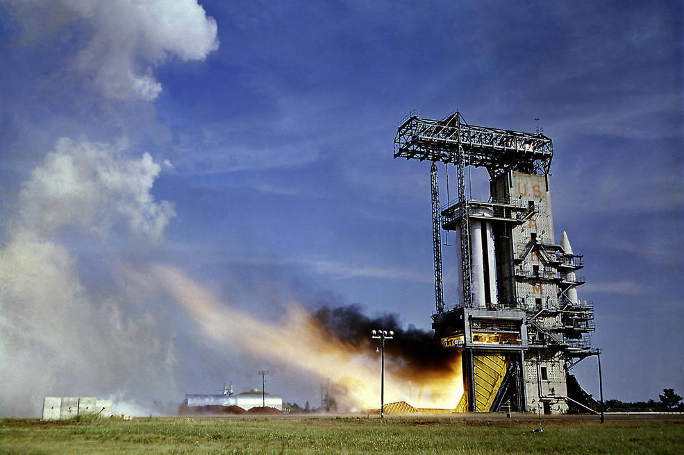 Saturn rocket stage test firing at Marshall Space Flight Center