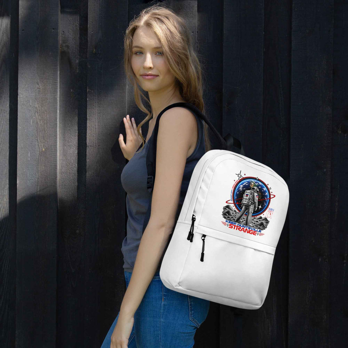 Keep Huntsville Strange backpack, right side view