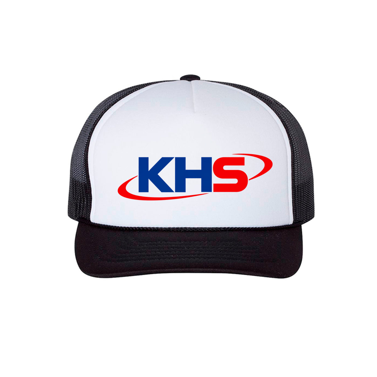 White and black KHS Richardson mesh-back trucker hat, front view