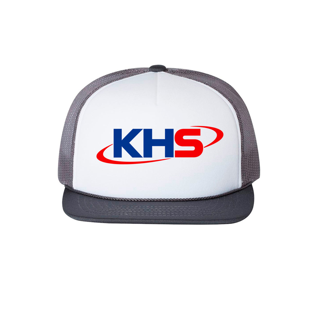 White and charcoal KHS Richardson trucker hat, front view
