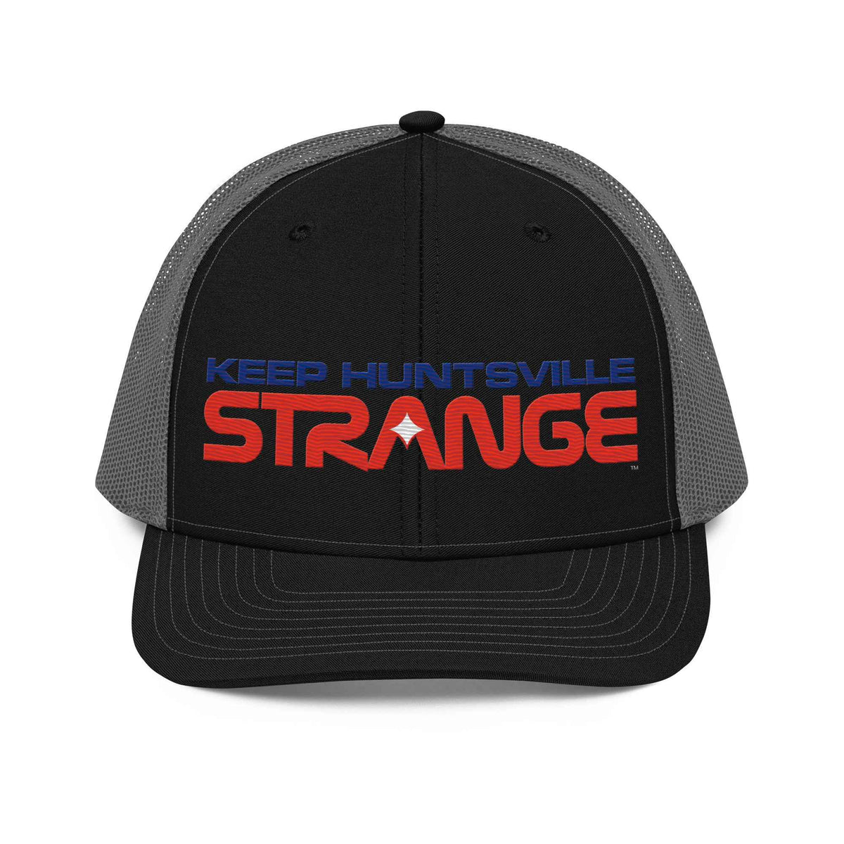 Black and charcoal Rocket City embroidered hat, front view
