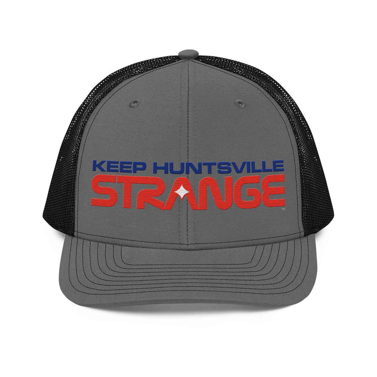 Charcoal and black Rocket City embroidered hat, front view