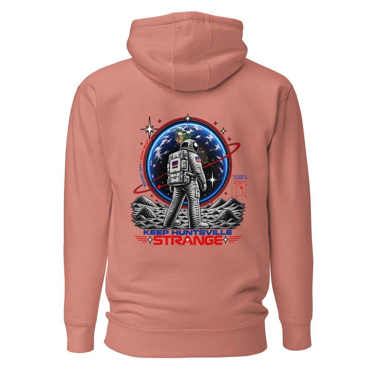 Dusty rose Rocket City Astronaut Hoodie, back view