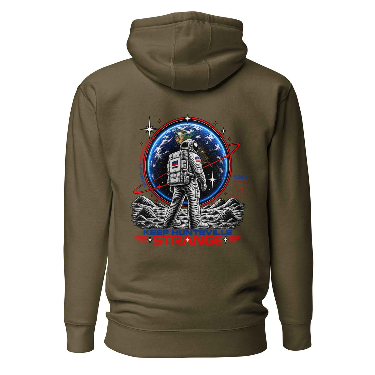 Military green Rocket City Astronaut Hoodie, back view