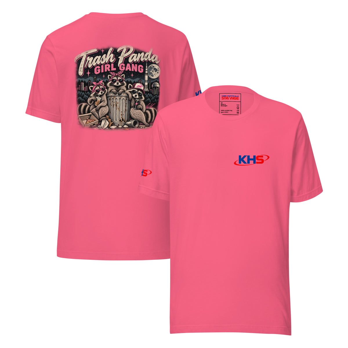 Charity pink Trash Panda Girl Gang Tee, front and back