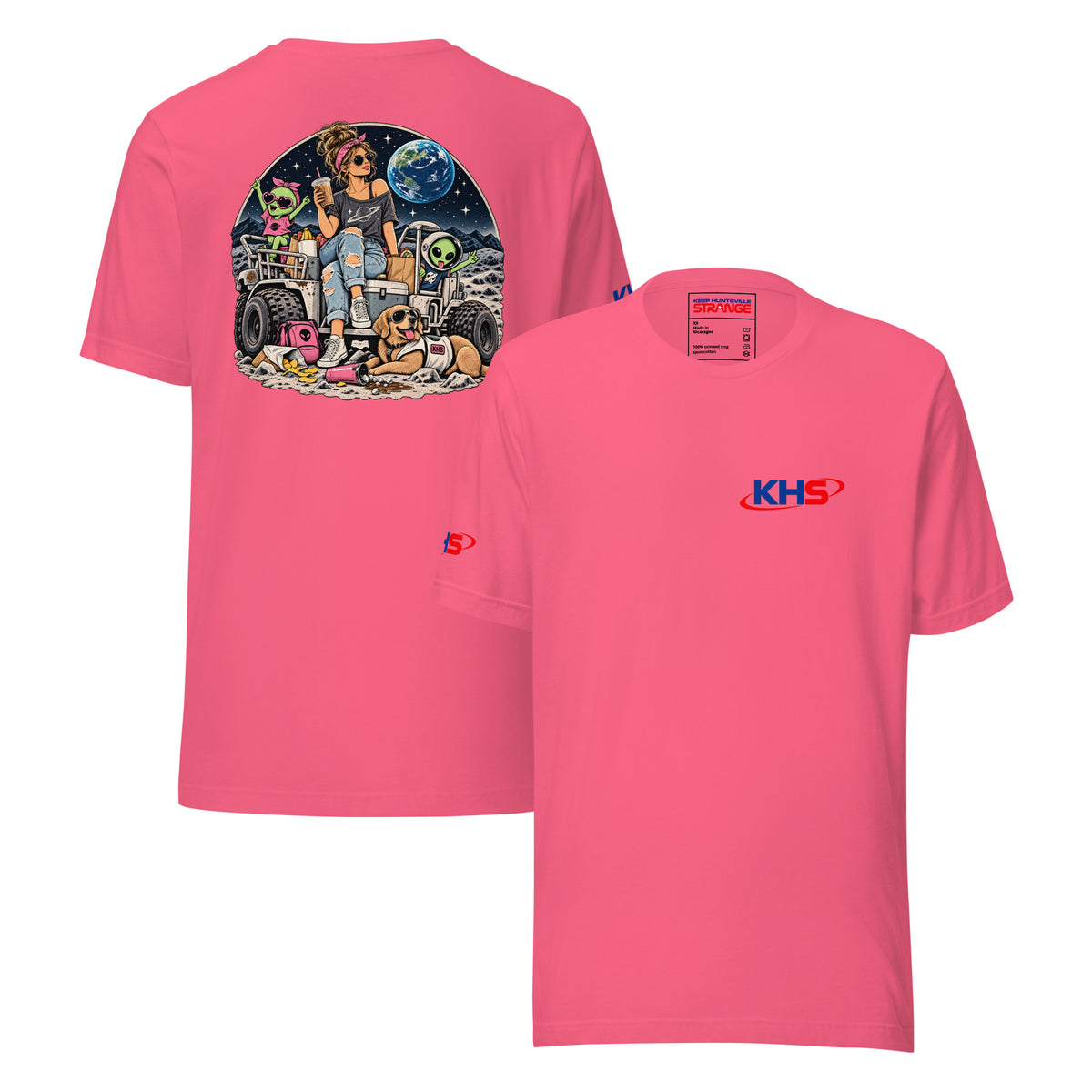 Charity pink Space Mom Lunar Adventure Tee, front and back