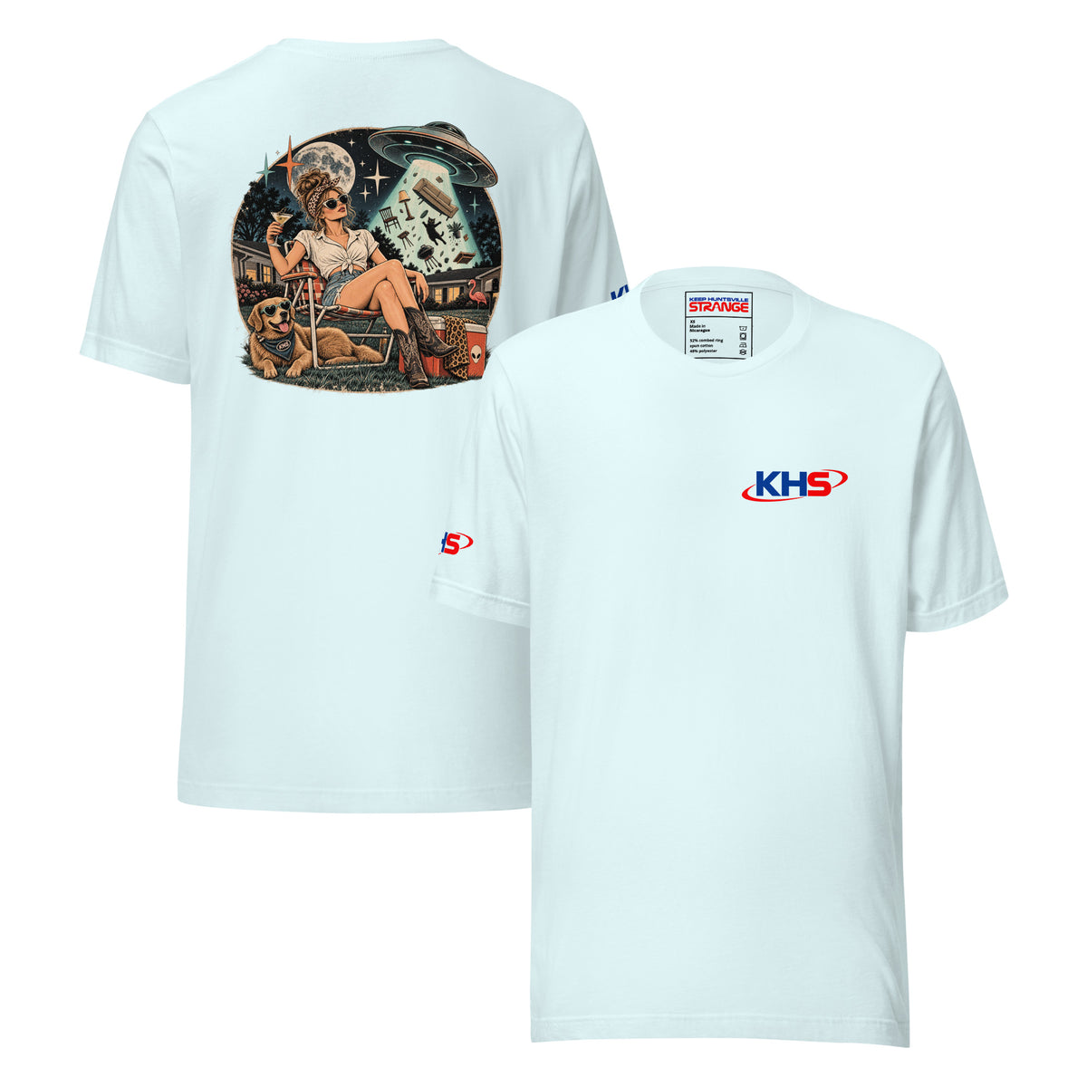 Heather ice blue Strange Things Happen Here Tee, front and back