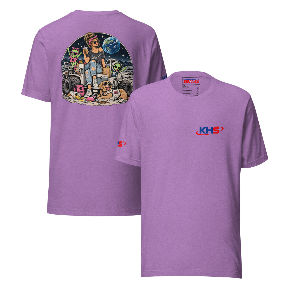 Heather team purple Space Mom Lunar Adventure Tee, front and back
