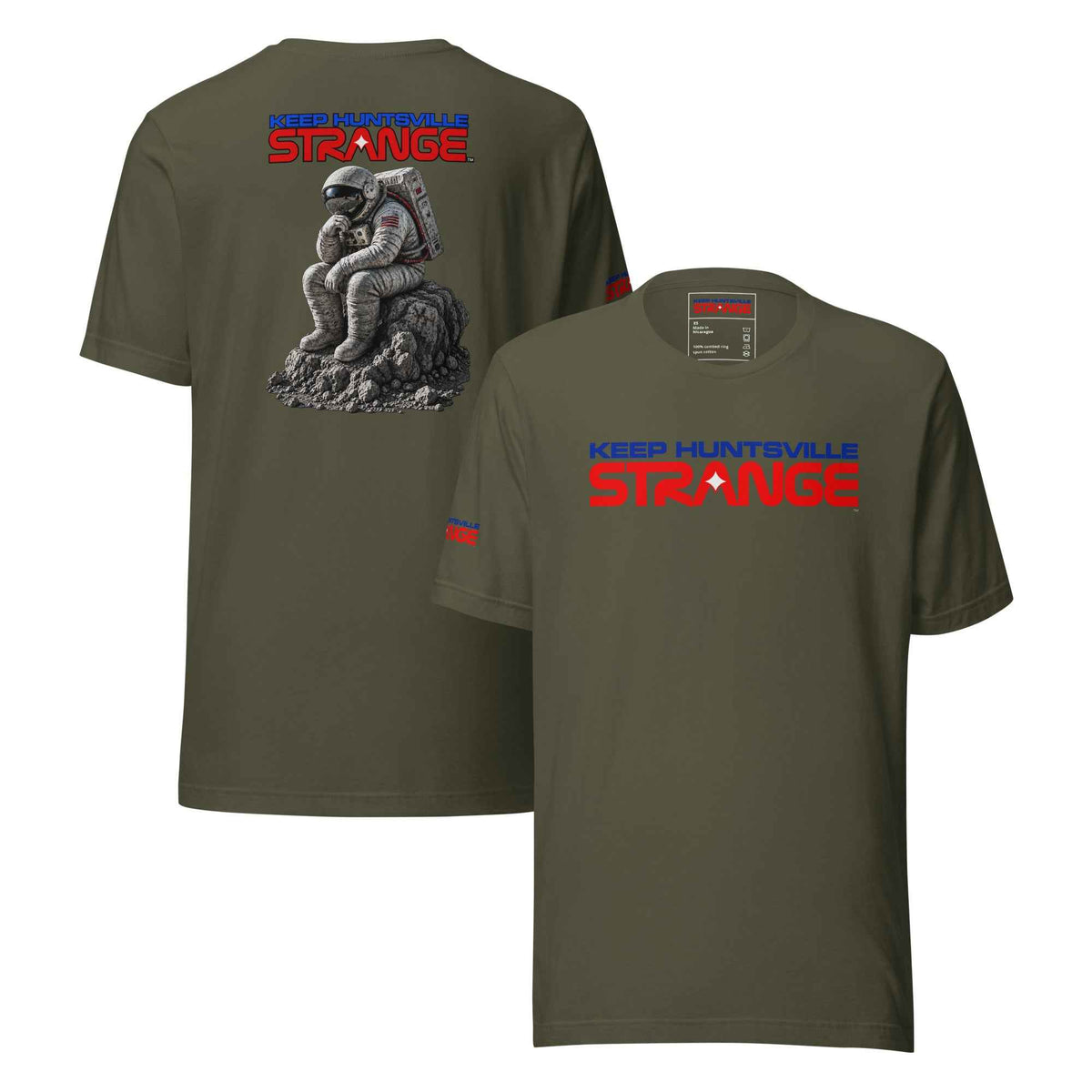Military green The Thinker Tee, front and back views