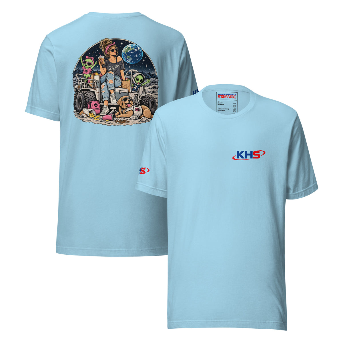 Ocean blue Space Mom Lunar Adventure Tee, front and back