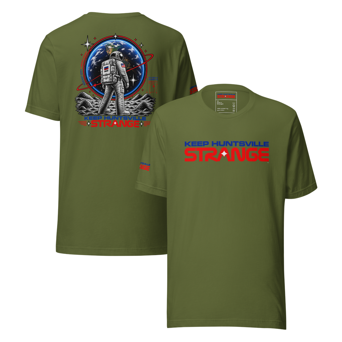 Olive Rocket City Astronaut Tee, front and back views