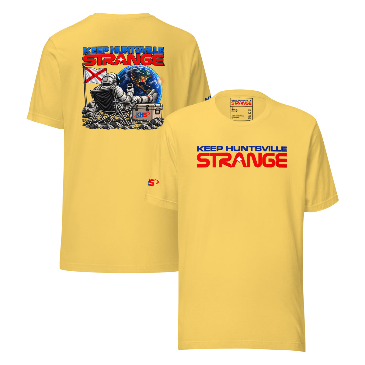 Yellow Rocket City Campout T-shirt, front and back views