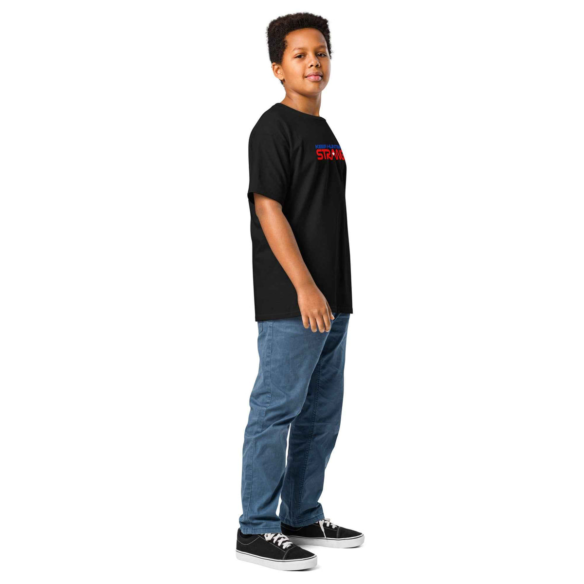 Black Rocket City Astronaut Kids Tee, angled front view