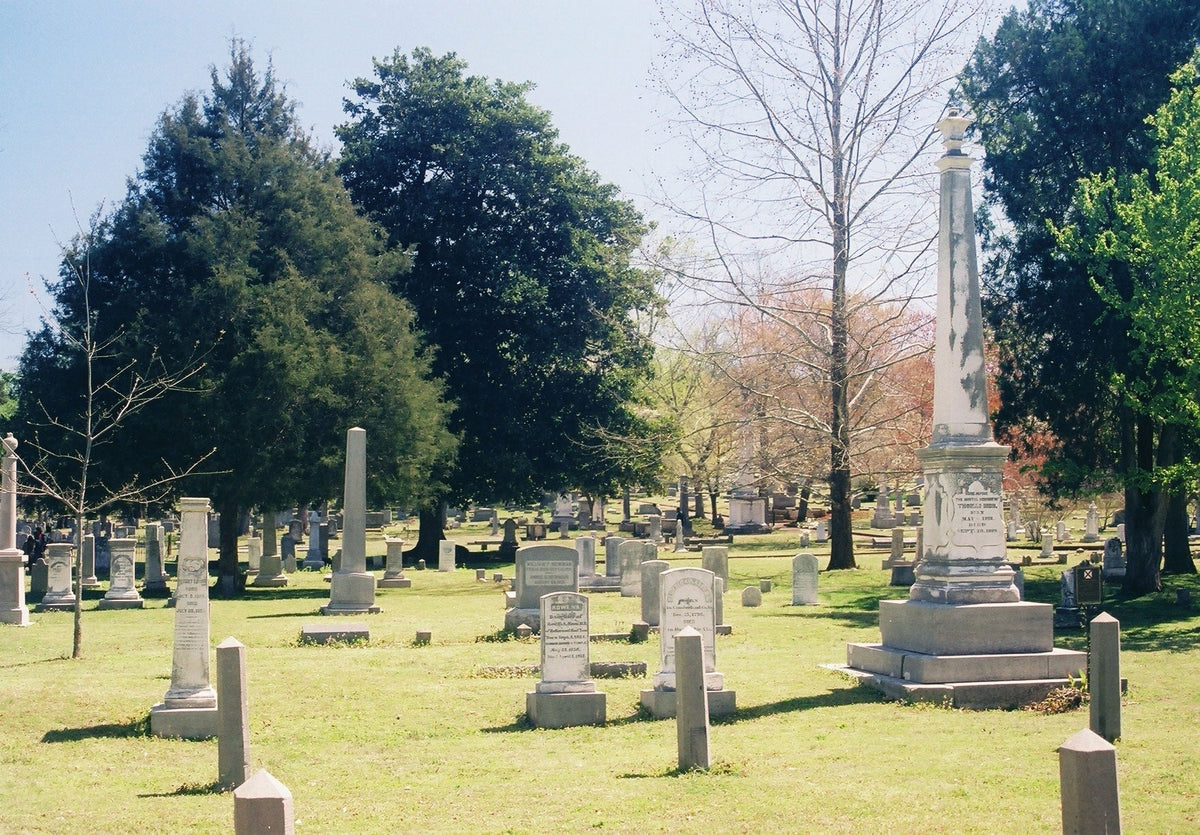 Historic Maple Hill Cemetery in Huntsville, Alabama, looking southeast through the older section