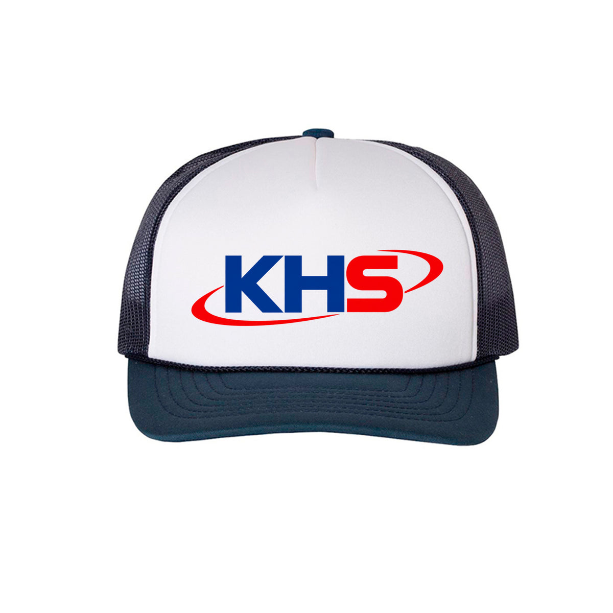 White and navy KHS Richardson trucker hat, front view