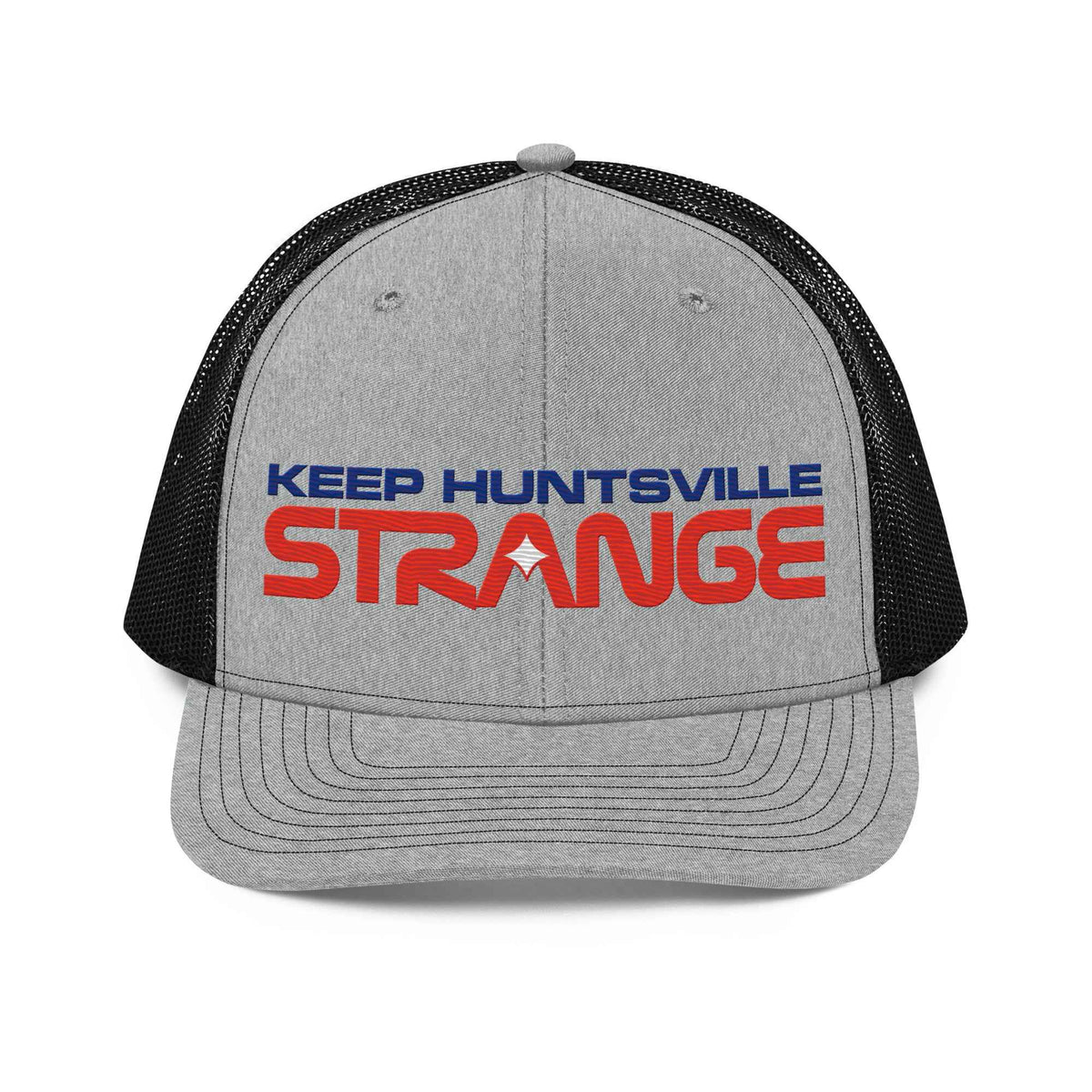 Heather grey and black Rocket City embroidered hat, front view