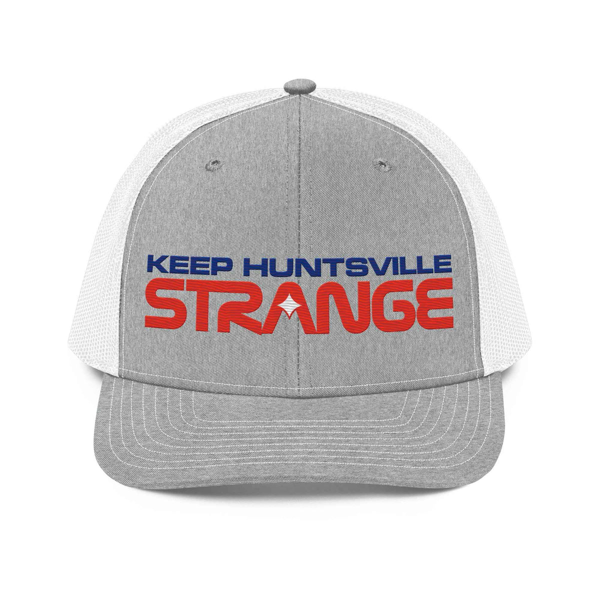Heather grey and white Rocket City embroidered hat, front view