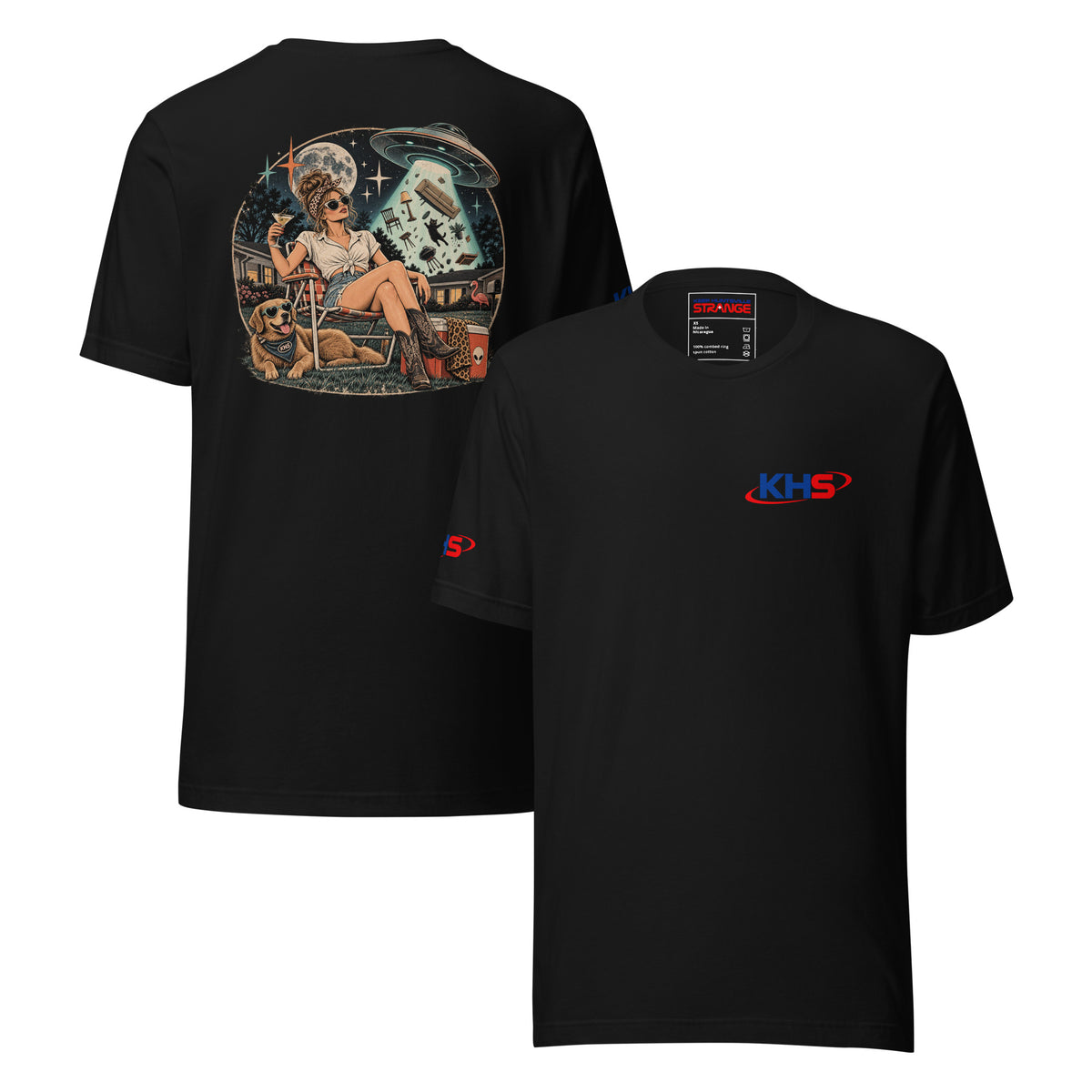 Black Strange Things Happen Here Tee, front and back