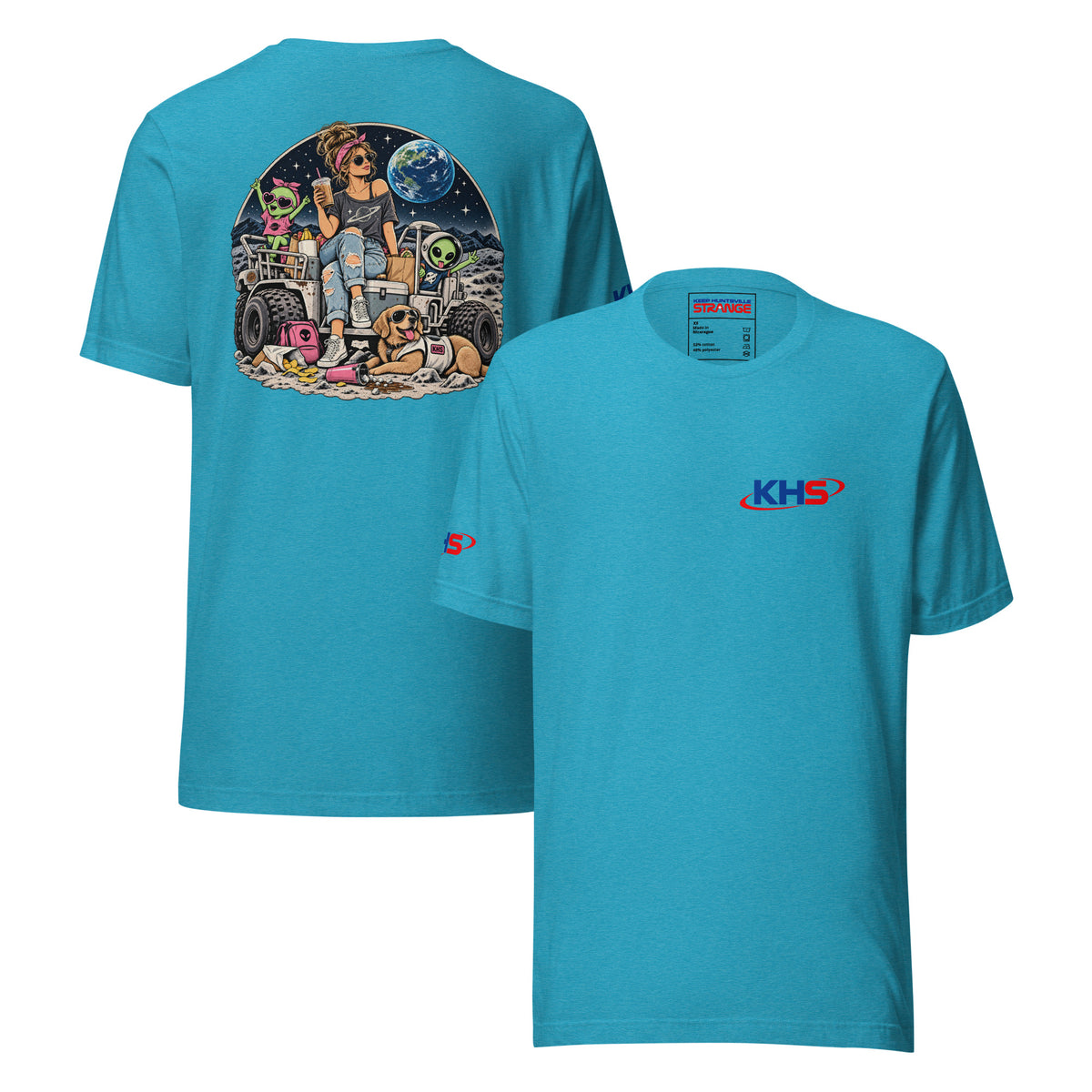 Heather aqua Space Mom Lunar Adventure Tee, front and back