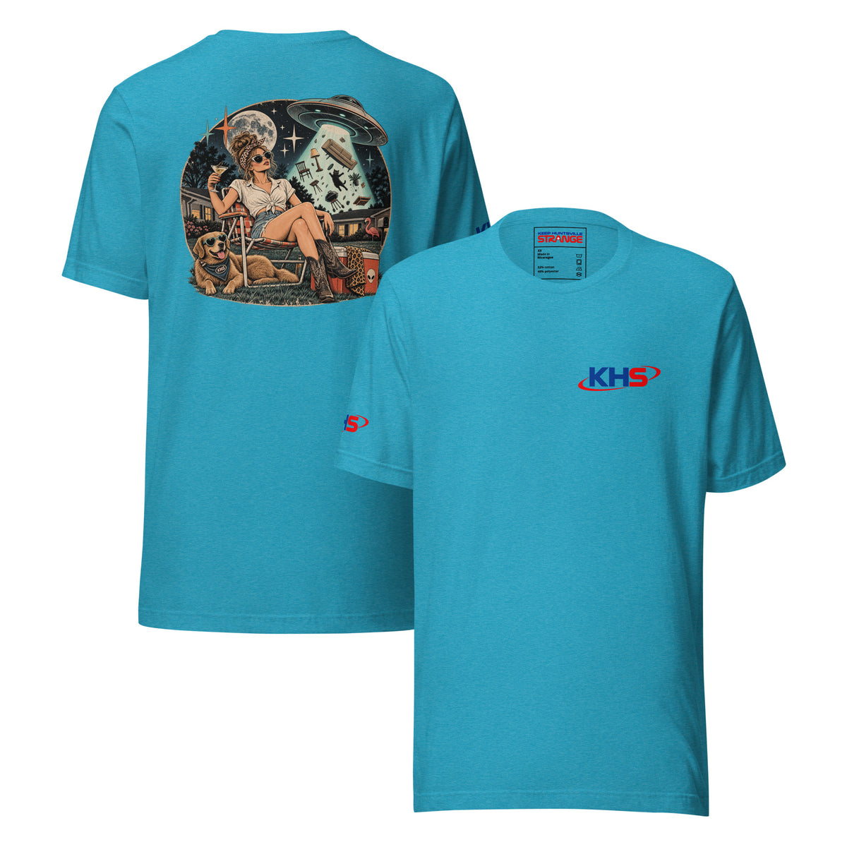 Heather aqua Strange Things Happen Here Tee, front and back