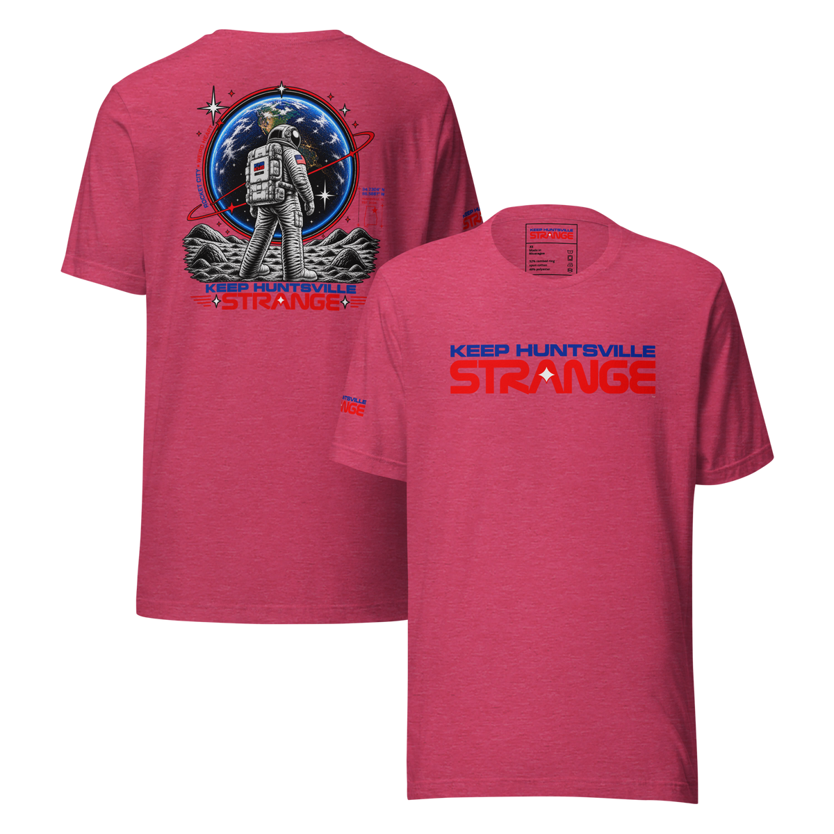 Heather raspberry Rocket City Astronaut Tee, front and back views