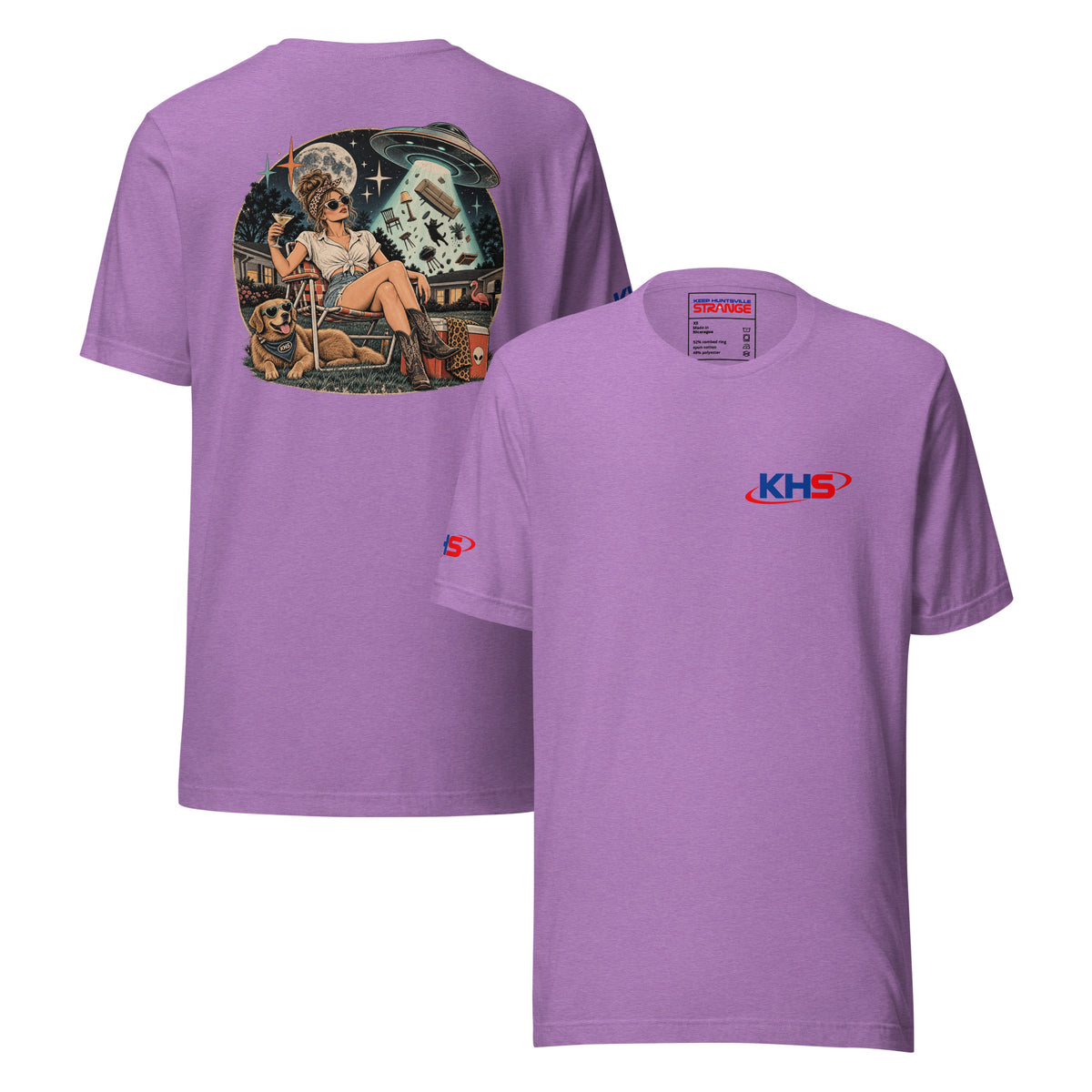 Heather team purple Strange Things Happen Here Tee, front and back