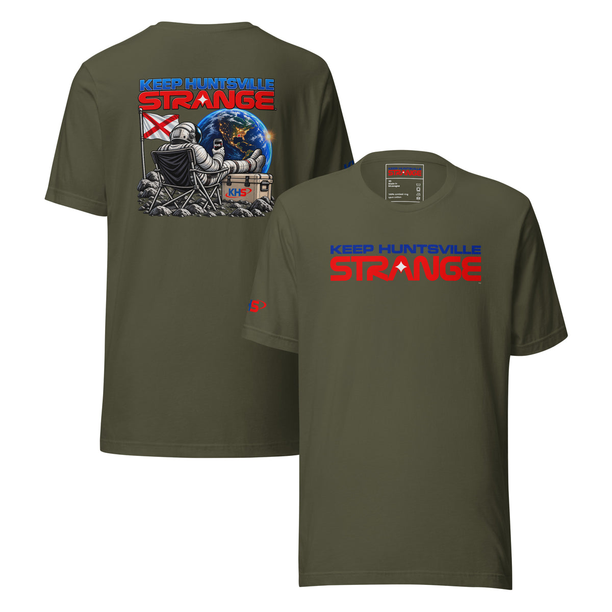 Military Green Rocket City Campout T-shirt, front and back views