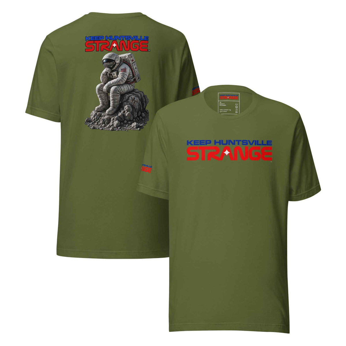 Olive The Thinker Tee, front and back views