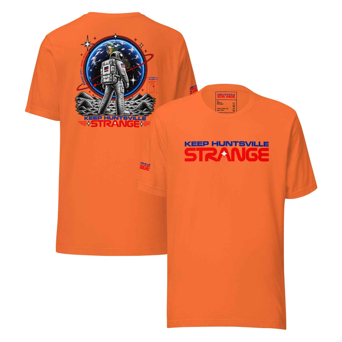 Orange Rocket City Astronaut Tee, front and back views