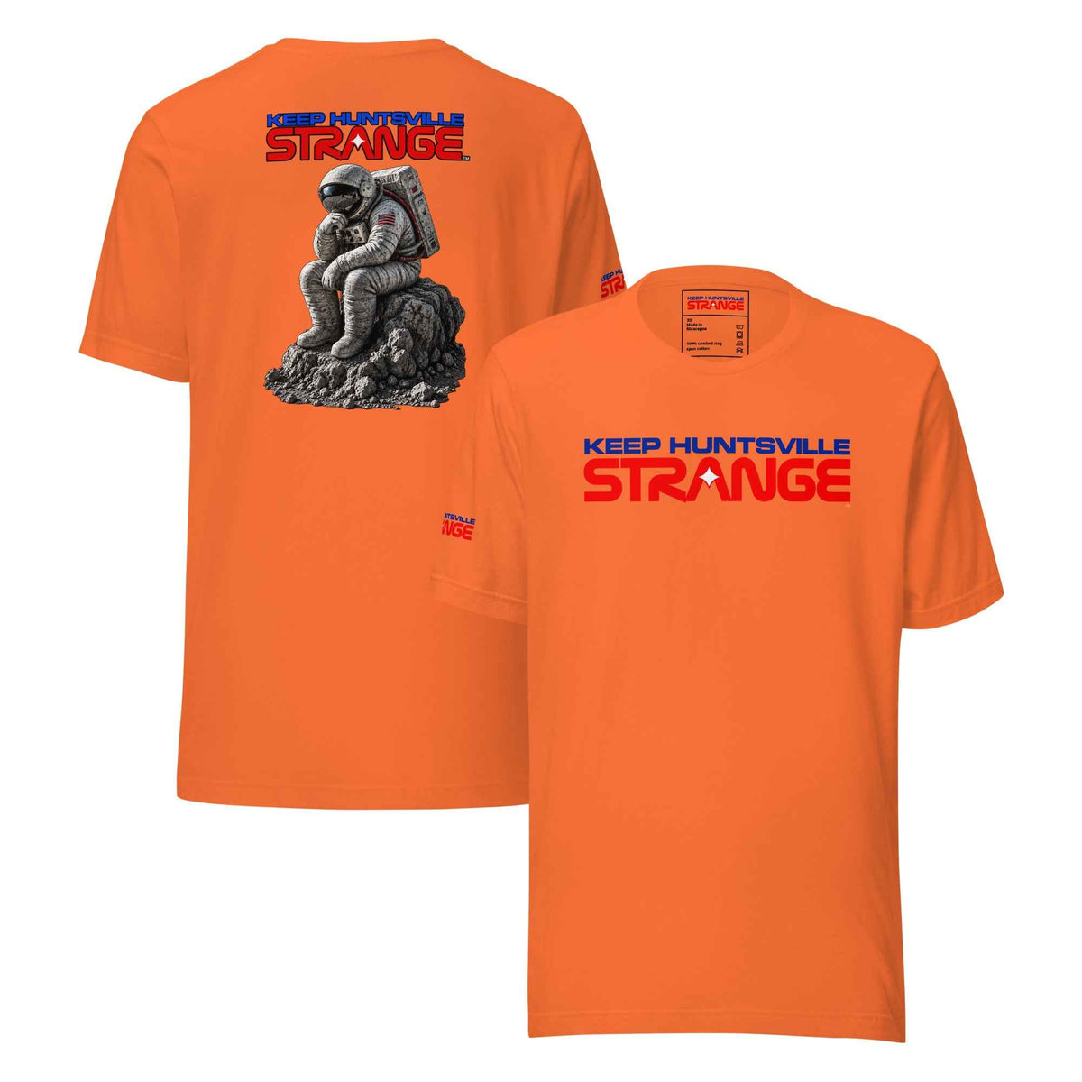 Orange The Thinker Tee, front and back views