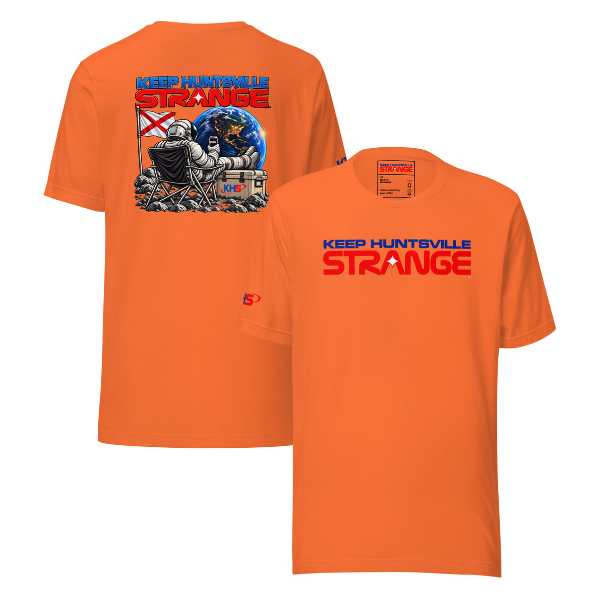 Orange Rocket City Campout T-shirt, front and back views