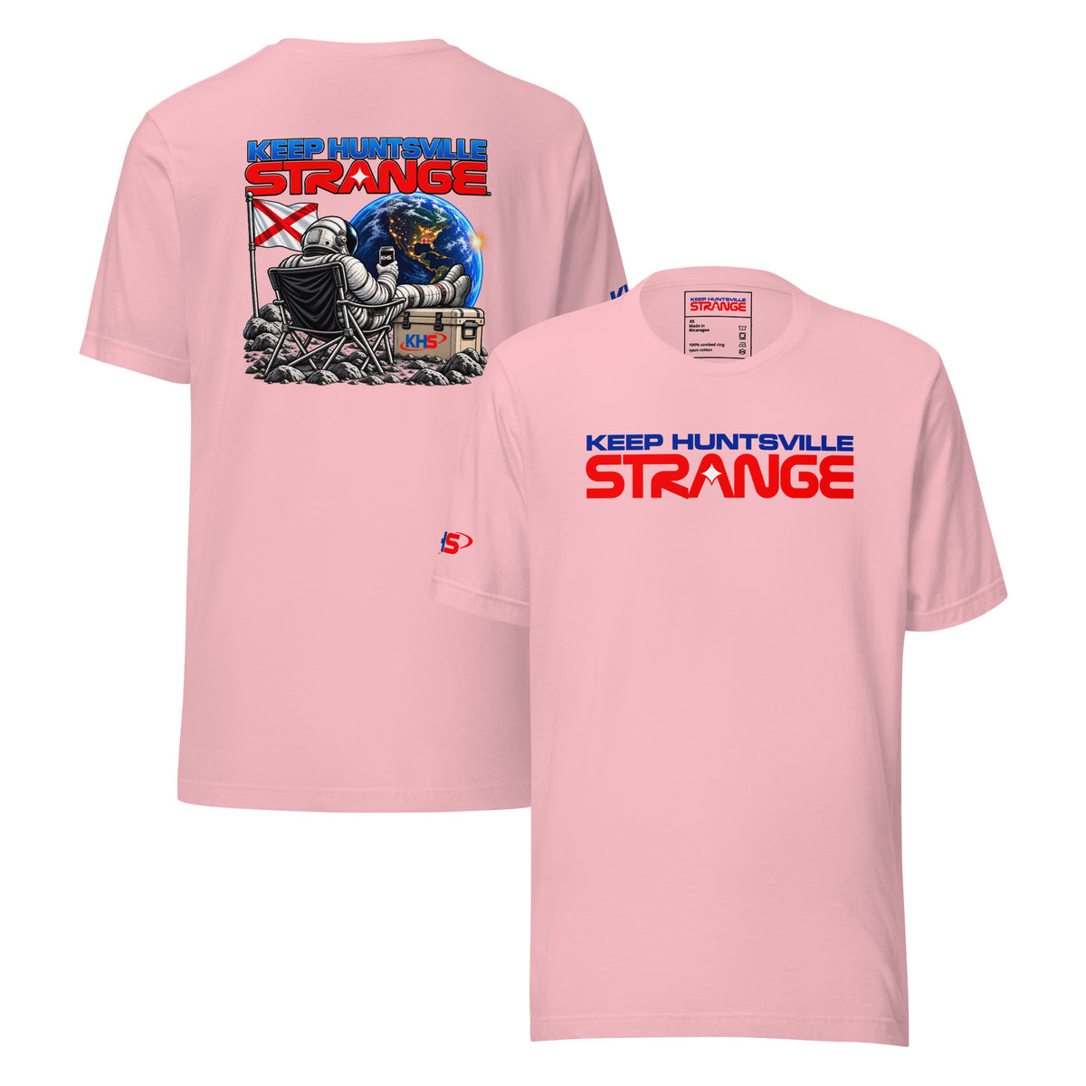 Pink Rocket City Campout T-shirt, front and back views