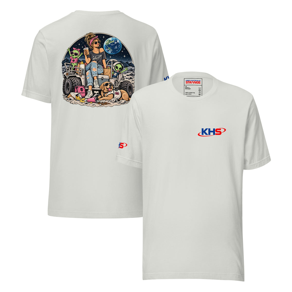 Silver Space Mom Lunar Adventure Tee, front and back