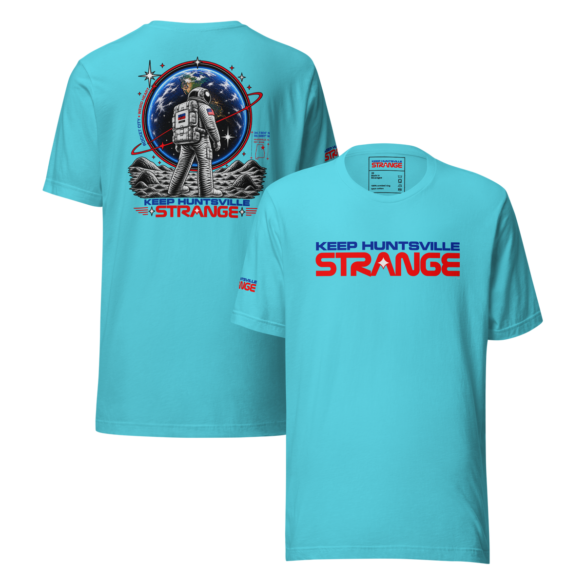 Turquoise Rocket City Astronaut Tee, front and back views